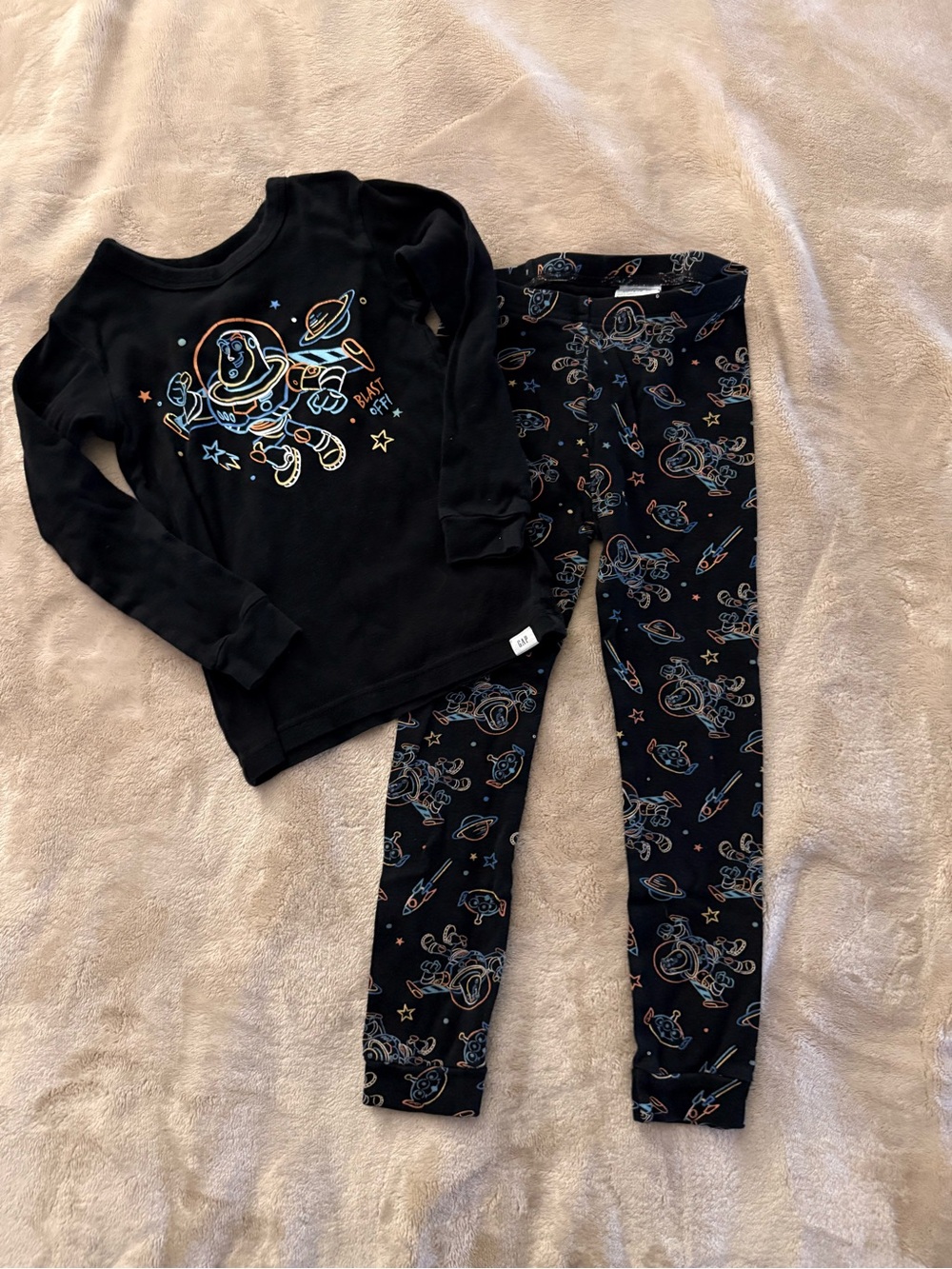 GAP Black Space Rocket Pajama Set with Colorful Accent Print